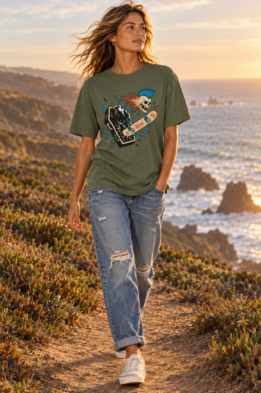 Female model wearing the military-green tee on a coastal cliff path