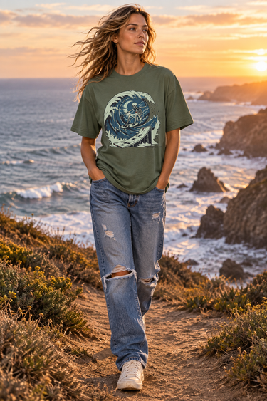 Female model wearing the military-green tee on a coastal cliff path
