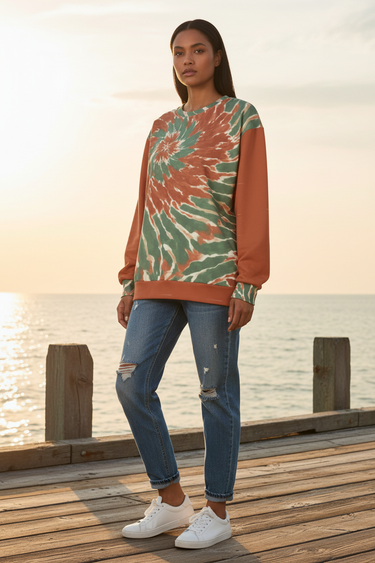Female model wearing the sweatshirt with distressed blue jeans