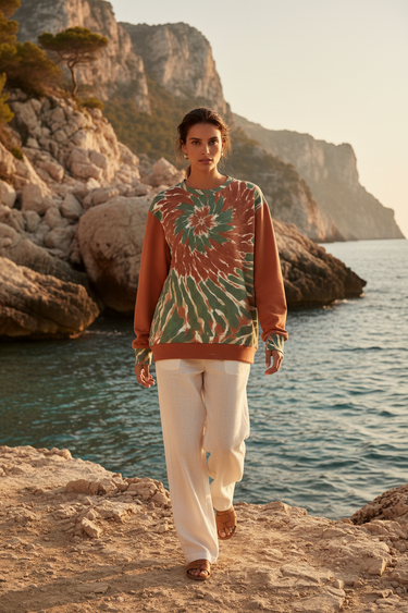 Female model wearing the sweatshirt with ivory linen pants