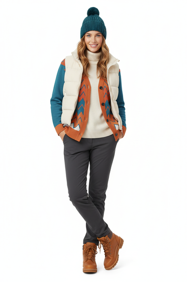 Female model - winter look with puffer vest and beanie