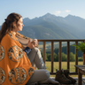 Female model wrapped in blanket on porch