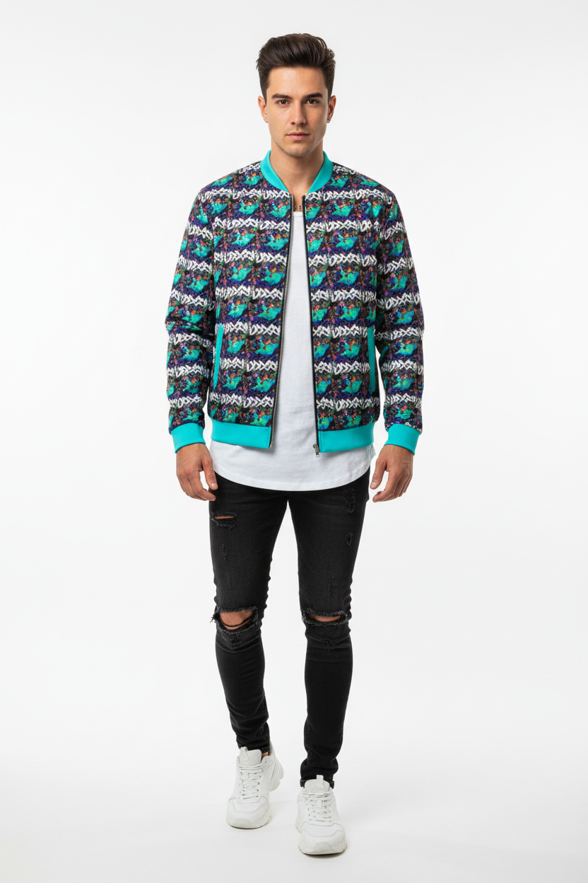 Fit model with exact graffiti stripe bomber
