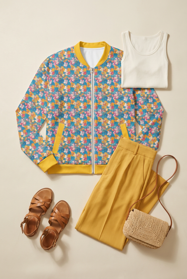 Floral bomber flat lay with yellow pants and accessories