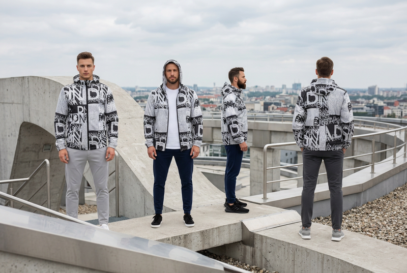 Four jacket looks in an urban rooftop editorial banner