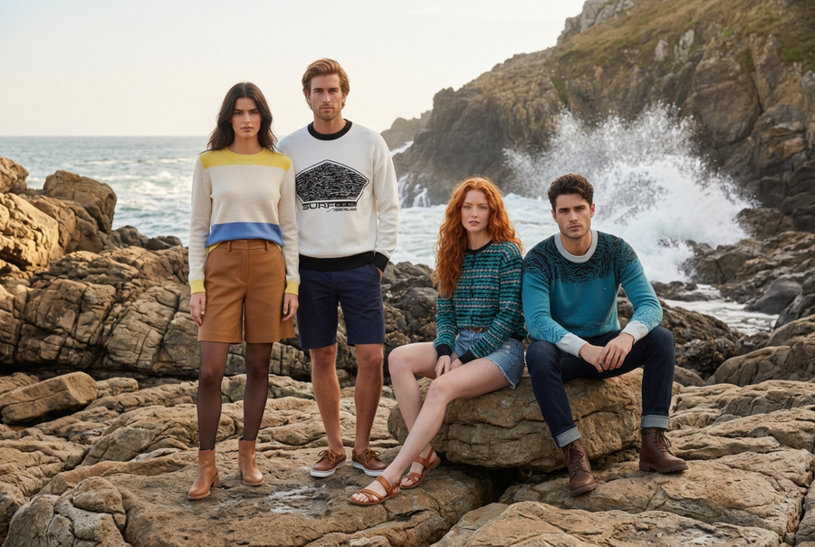 Four-model editorial at a rocky seaside cove
