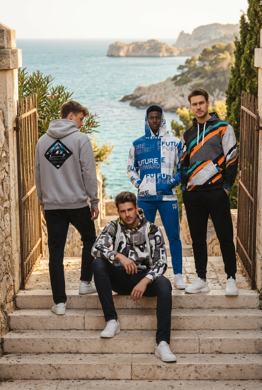 Four models on seaside limestone steps