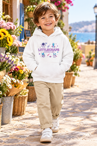 Four-year-old boy in the white LittleChaps space hoodie