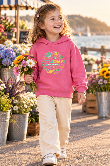 Four-year-old in raspberry hoodie at a flower market