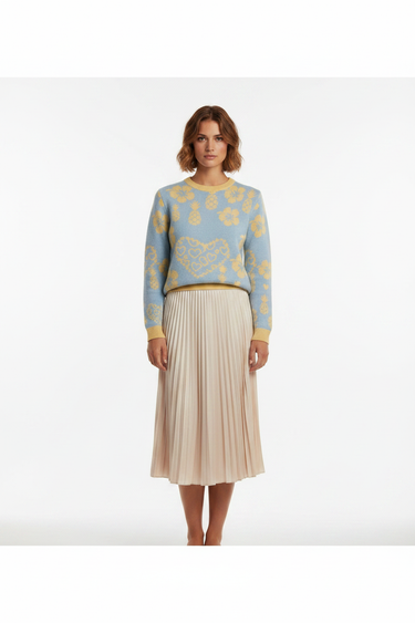 Front – champagne midi skirt, white studio