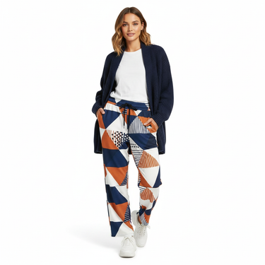 Geometric Mosaic Wide-Leg Joggers - Female with navy cardigan