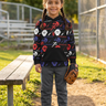 Girl age six wearing the hoodie at a baseball field
