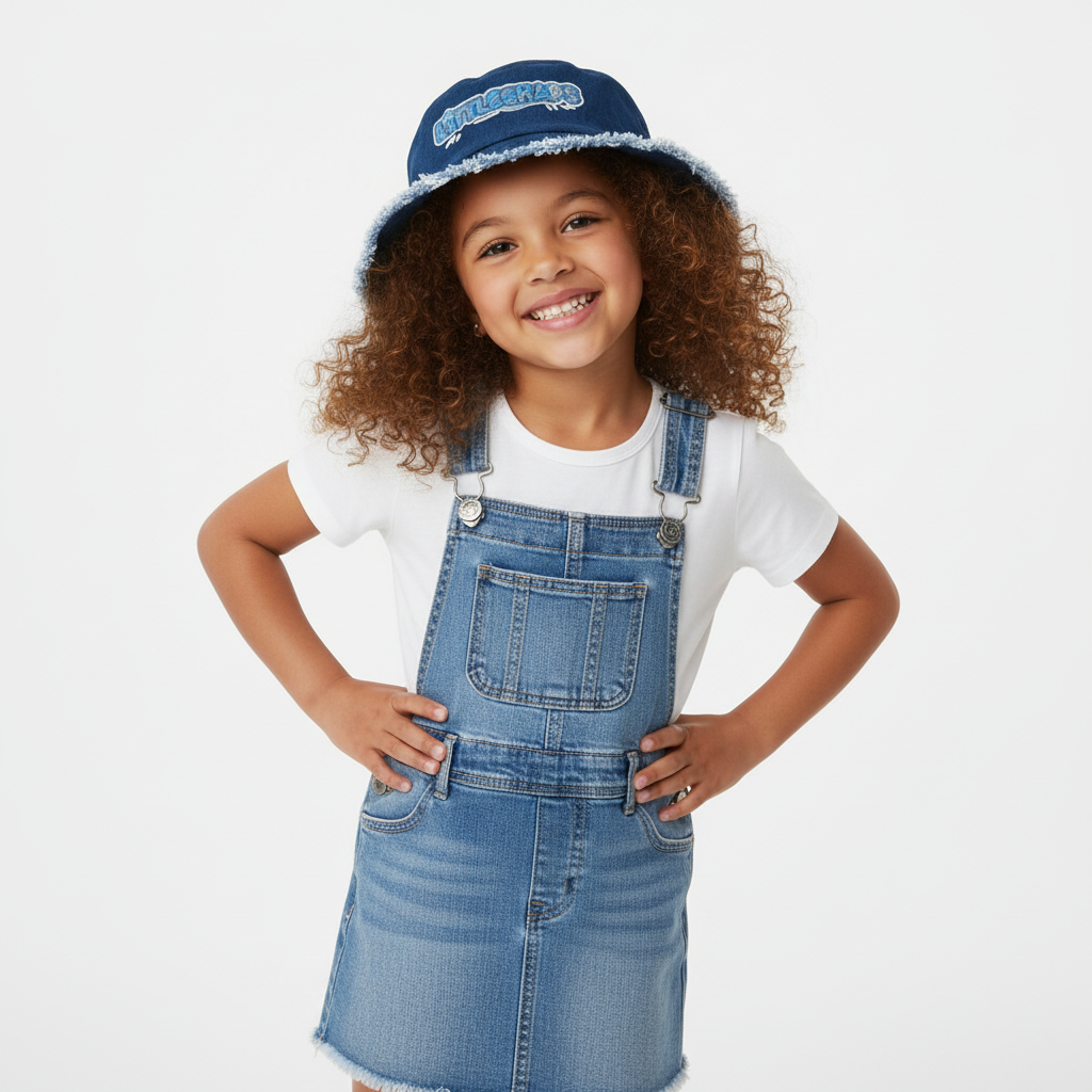 Girl classic denim bucket hat hands on hips