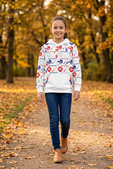 Girl wearing the white hoodie in an autumn park