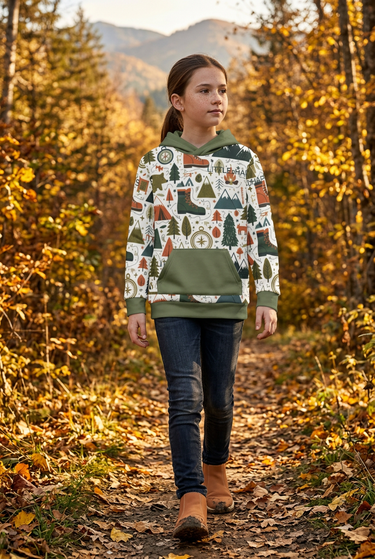Girl wearing the woodland hoodie on a forest trail