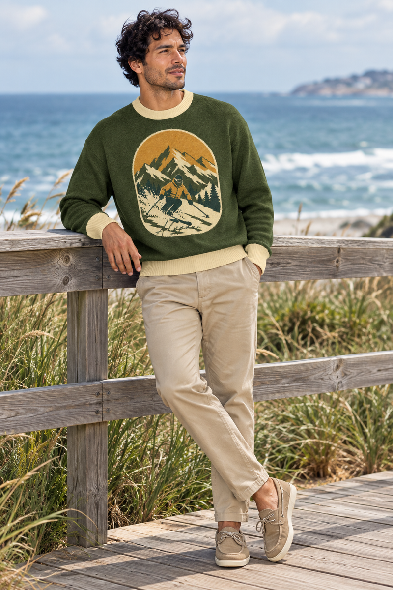 Green ski sweater on a coastal boardwalk