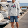 Grey Heather hoodie with denim shorts