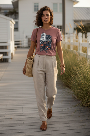 Heather mauve shirt on a coastal boardwalk