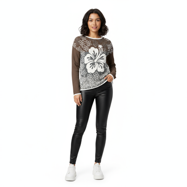 Hibiscus sweater with leather leggings