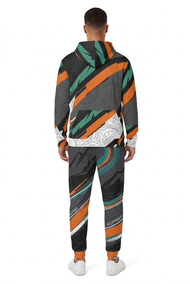 Hoodie and racing joggers, back view