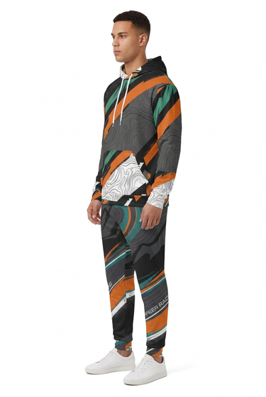 Hoodie and racing joggers, side view