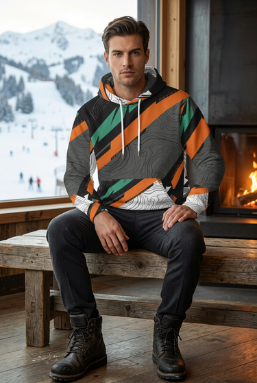 Hoodie styled inside a ski resort lodge