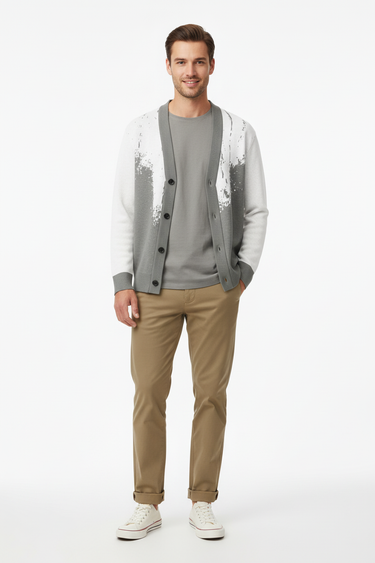 Abstract paint splash cardigan with khaki chinos for weekend casual style