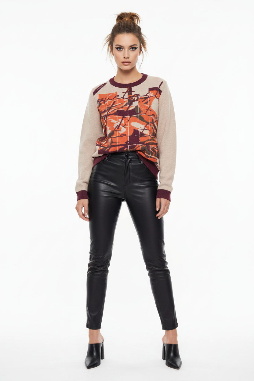 Abstract art sweater with black leather pants for edgy modern style