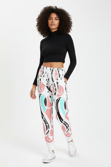 Model wearing Abstract Chain Recycled Joggers with black turtleneck