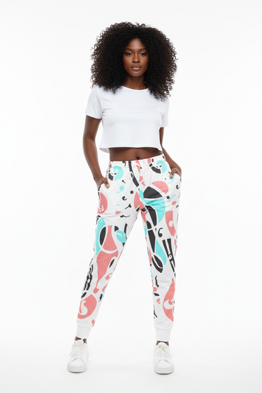 Model wearing Abstract Chain Recycled Joggers with white crop top