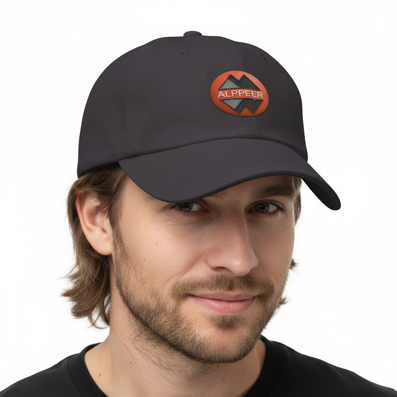 White man wearing Alppeer embroidered dark grey dad hat, forward brim