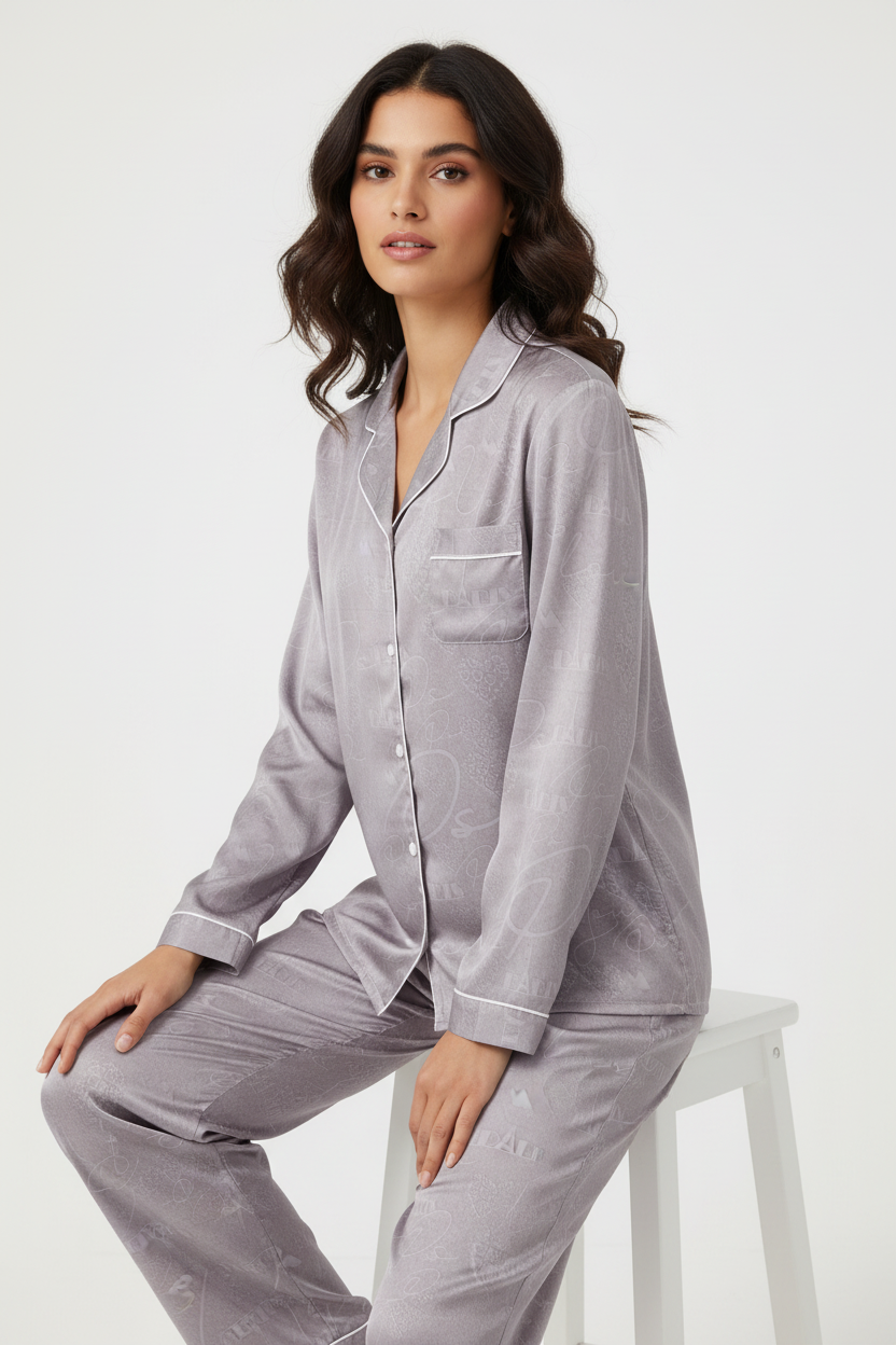 Woman sitting elegantly in satin pajama top