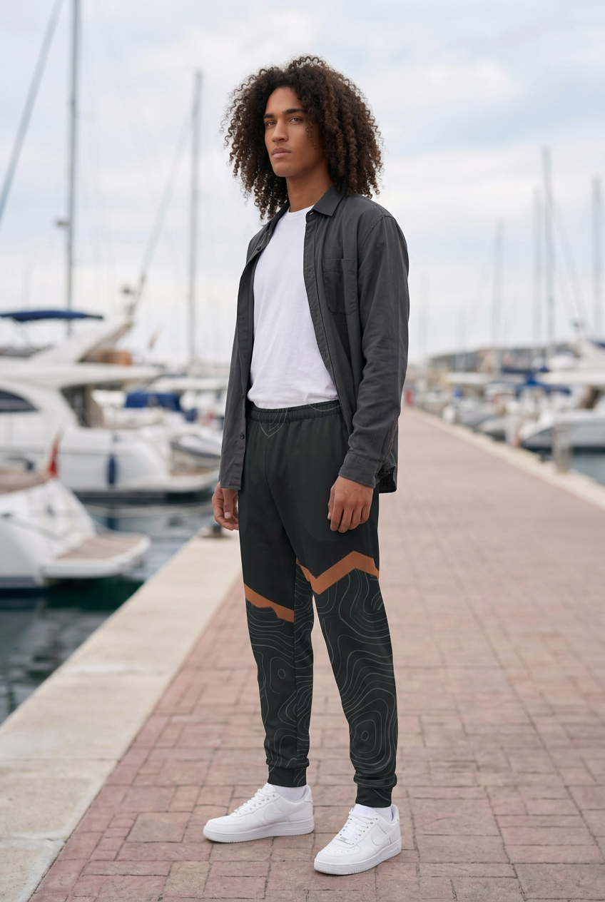 Joggers styled with a layered overshirt at a marina