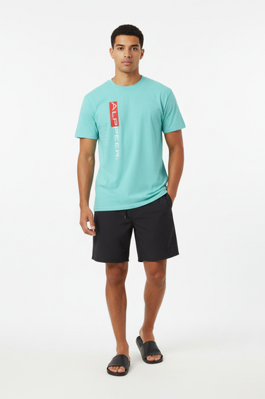Lagoon Blue Tee with Black Boardshorts - Full Body