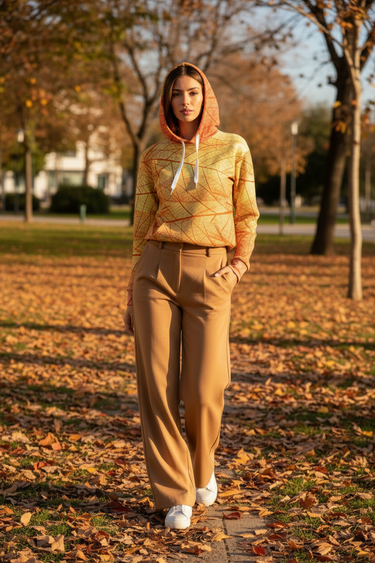 Leaf Print Hoodie – Camel Wide-Legs
