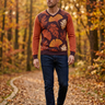 Leaf-print sweater in an autumn park
