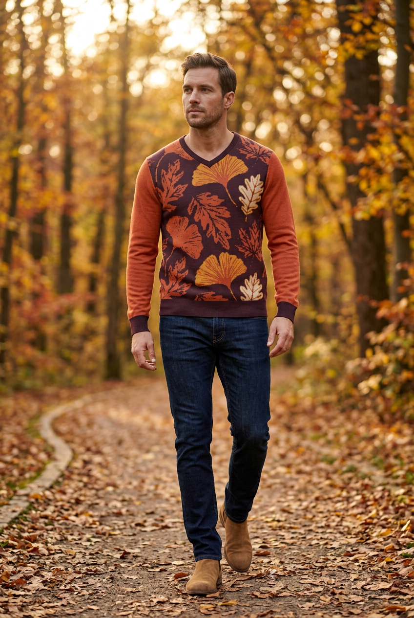 Leaf-print sweater in an autumn park