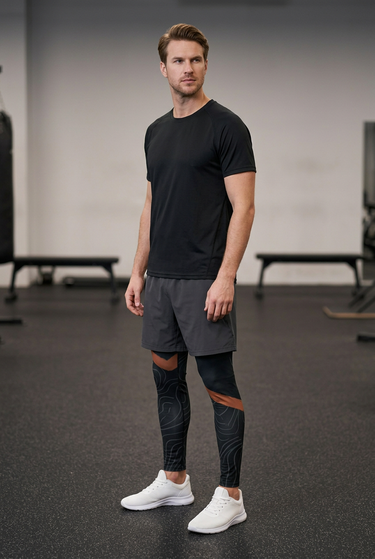 Leggings with charcoal sports shorts in a gym