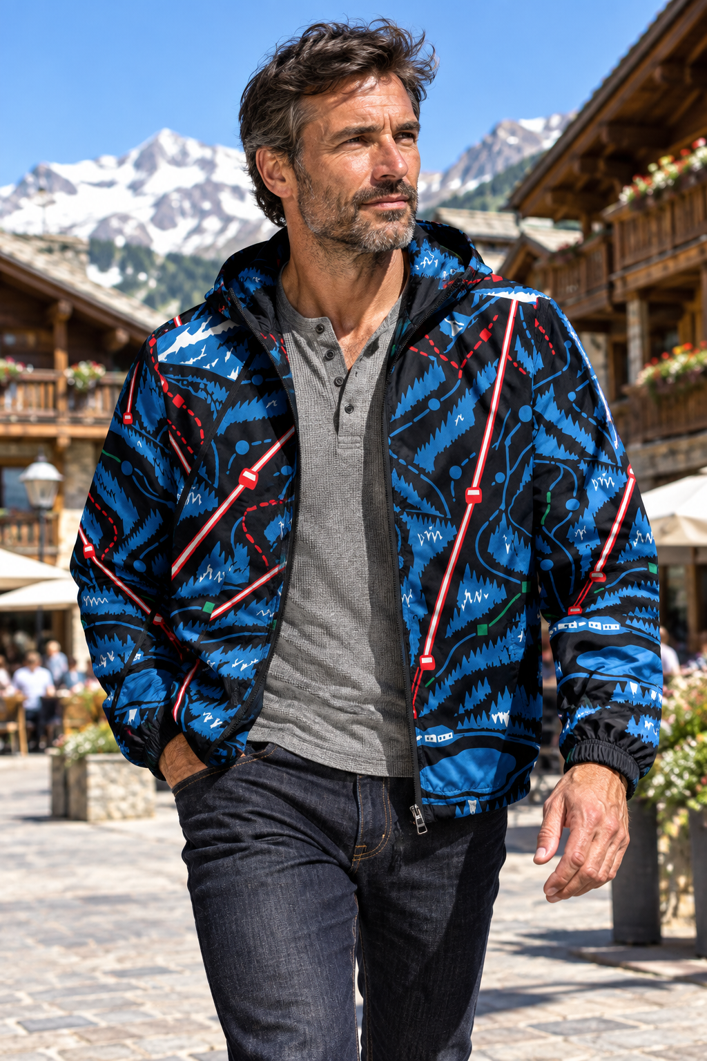 Look 8: mountain village square, unzipped over henley