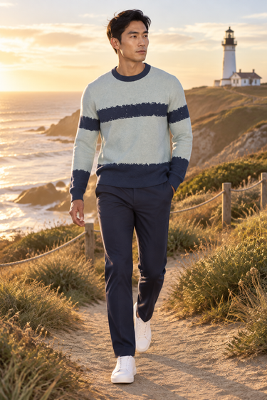 Male golden-hour look with navy tailored trousers