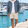 Male marina look with open windbreaker and sand shorts
