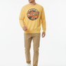 Male model in butter yellow sweatshirt with khaki chino pants