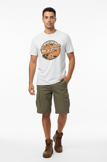 Male model in solid white tee with olive cargo shorts