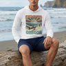 Male model in white mountain graphic tee and navy shorts