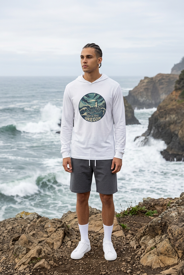 Male model in white Oregon tee with charcoal shorts