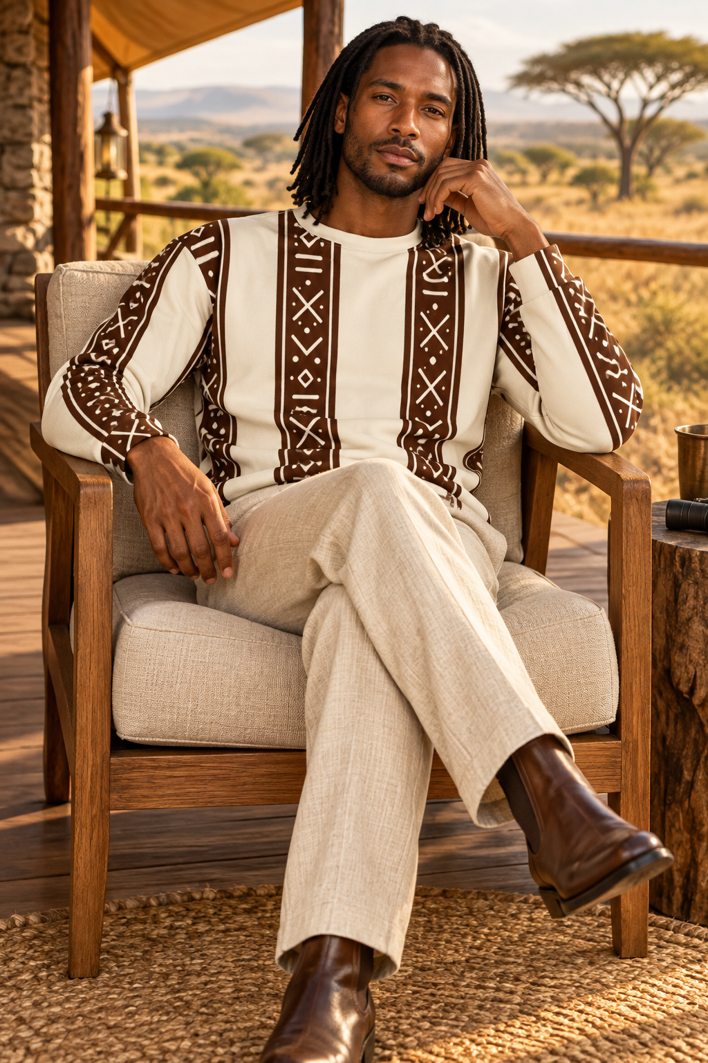 Male model relaxing on a South African safari lodge veranda