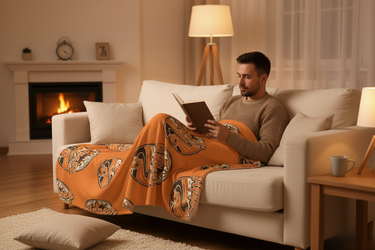 Male model relaxing with blanket reading book