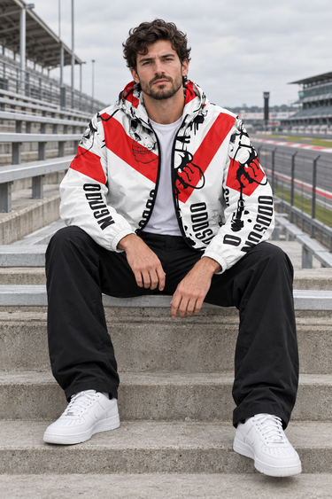 Male model seated in a circuit grandstand
