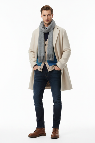 Male model - winter layering with wool coat and scarf