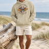 Male stone hoodie beach look with cream linen shorts